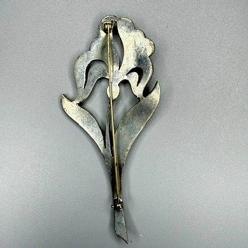 VTG Art Deco Pot Metal Floral Brooch c. 1930s Large Silver Tone Rhinestones